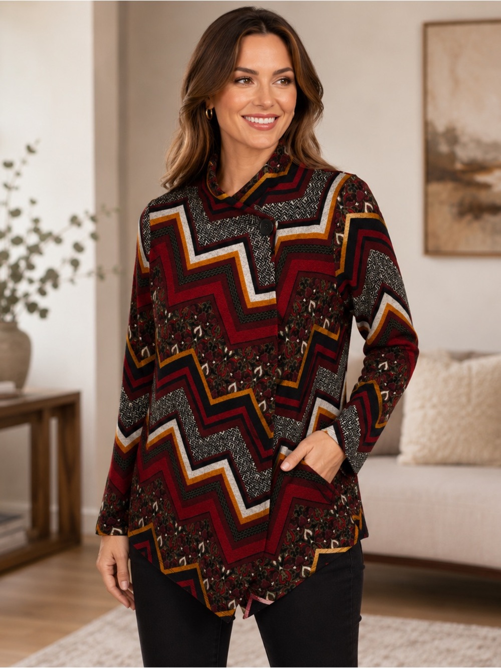 Bobeau Petite Geometric Print Open Front Cardigan Jacket Women’s large  Petite - Picture 2 of 13